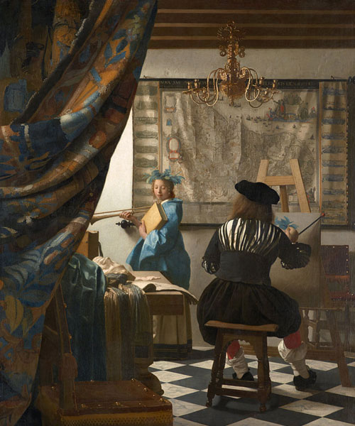 Das Bild zeigt das Gemälde The Allegory of Painting (Clio) von Johannes Vermeer.